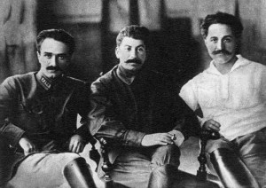 Left to right: Anastas Mikoyan, Joseph Stalin, and Sergo Ordzhonikidze